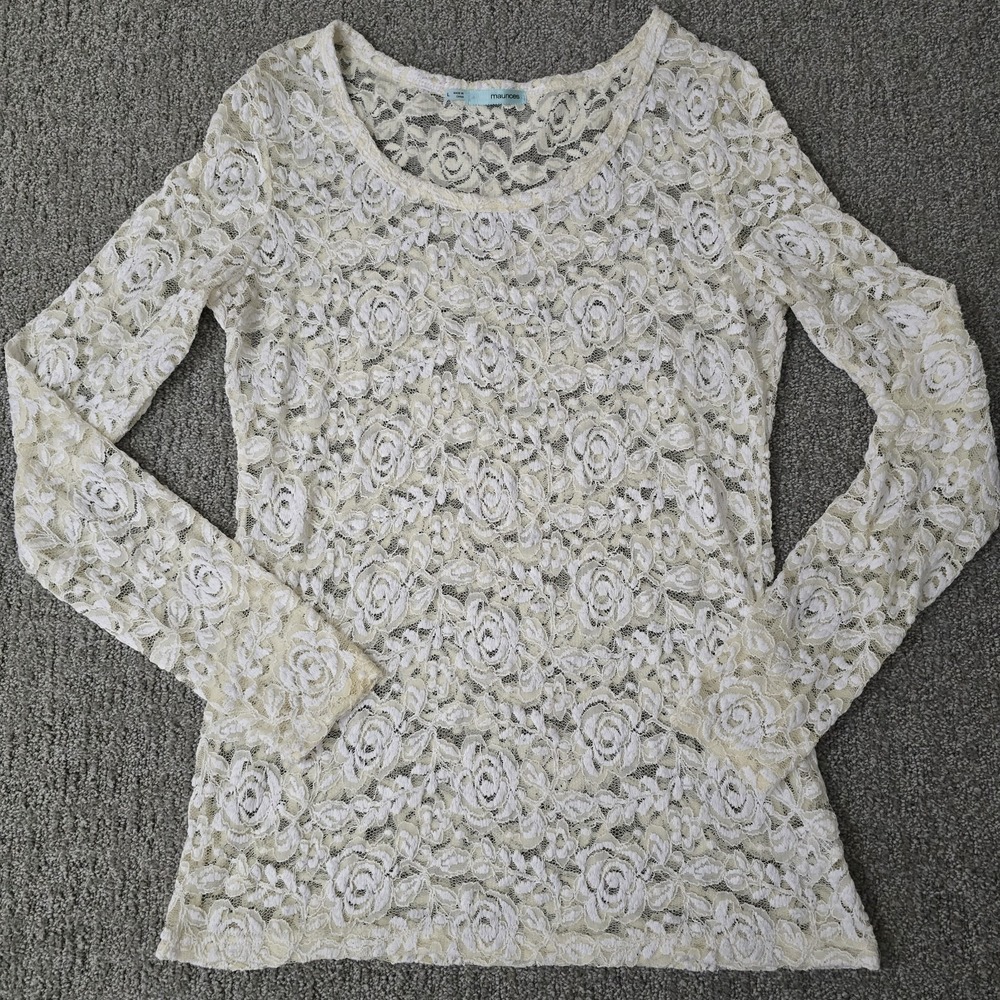 Maurices Cream Floral Lace Top Long Sleeve Sheer Coquette Fairycore L